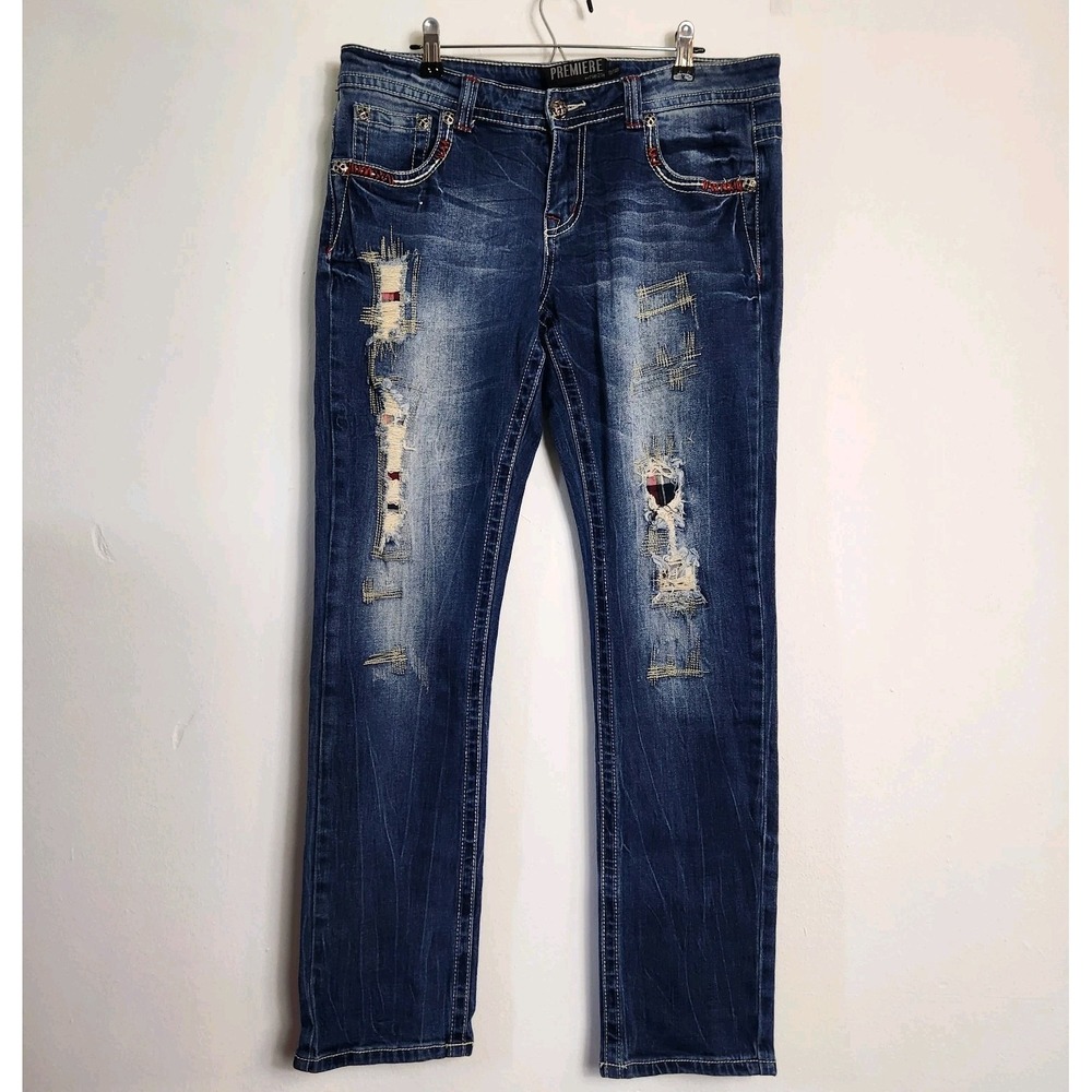 Premiere Skinny Jeans Womens 13/14 Curvy Distressed Patched Grunge Y2K Dark Wash